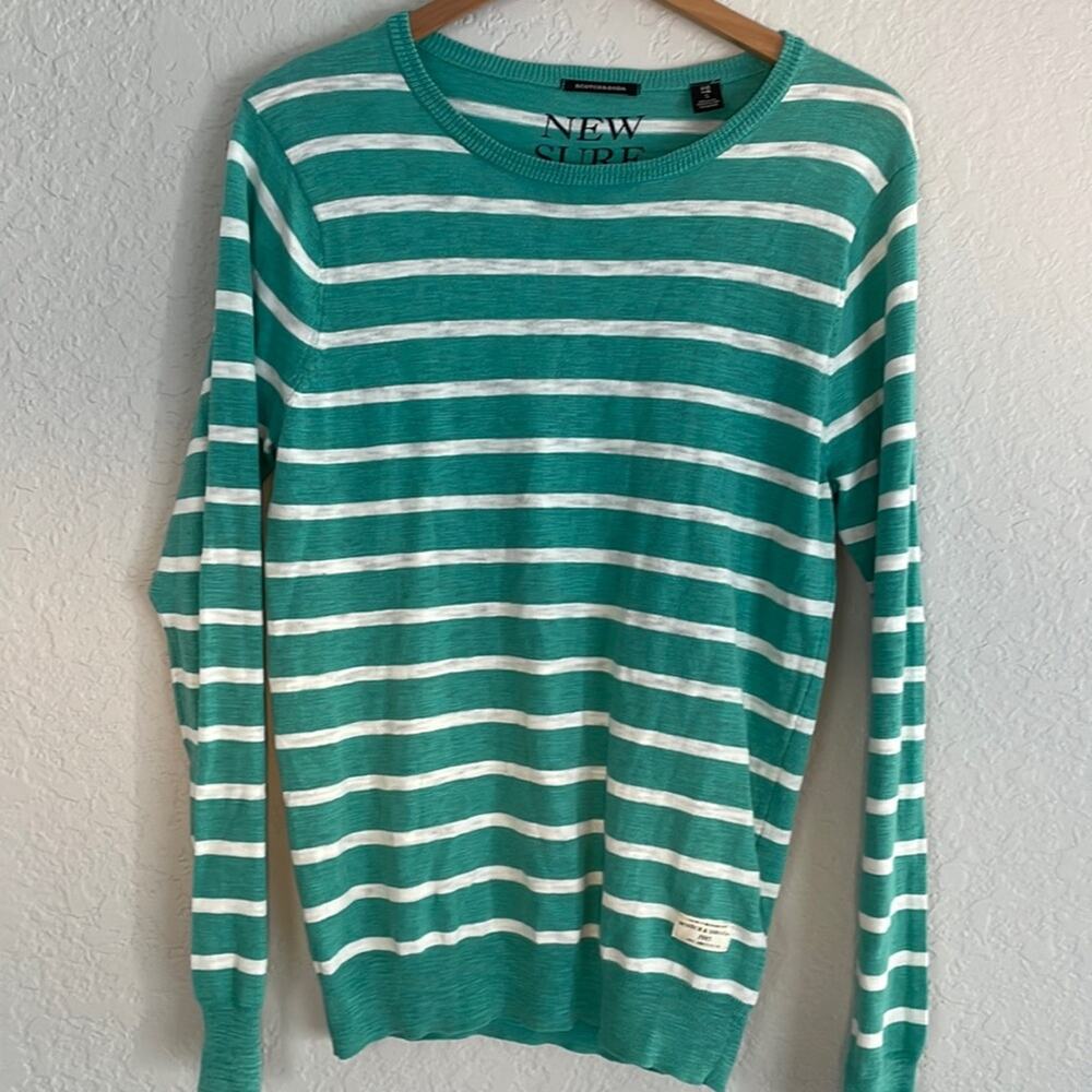 Scotch & Soda Green Stripe Crew Sweater Preppy Nautical Coastal Sporty Preppy